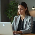 Femme accédant à son compte Arkevia sur un ordinateur portable dans un bureau à domicile moderne