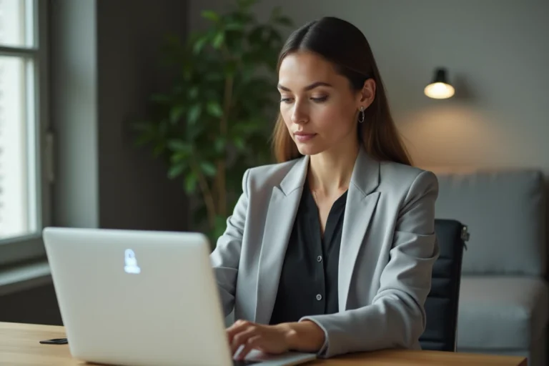 Femme accédant à son compte Arkevia sur un ordinateur portable dans un bureau à domicile moderne