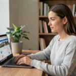 Femme accédant à son espace client locatif MyFoncia sur un ordinateur portable dans un bureau à domicile moderne