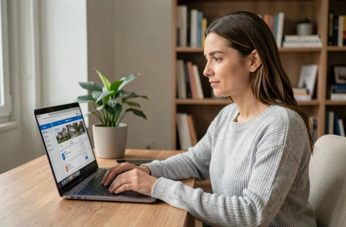 Femme accédant à son espace client locatif MyFoncia sur un ordinateur portable dans un bureau à domicile moderne