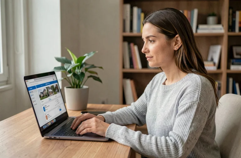 Femme accédant à son espace client locatif MyFoncia sur un ordinateur portable dans un bureau à domicile moderne