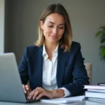 Femme professionnelle accédant à sa messagerie AC Lyon sur un ordinateur portable dans un bureau moderne