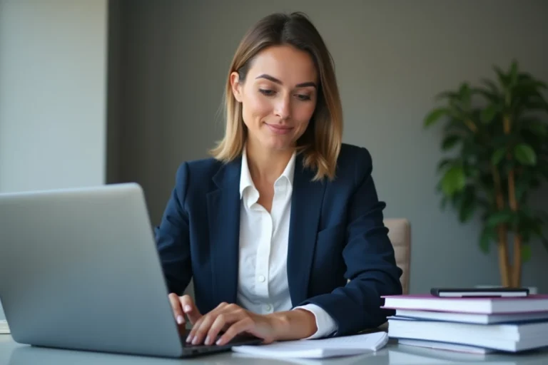 Femme professionnelle accédant à sa messagerie AC Lyon sur un ordinateur portable dans un bureau moderne