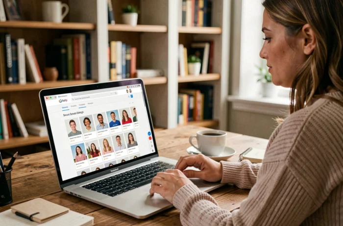 Parent consultant en toute sécurité les photos de classe de son enfant sur un site sécurisé depuis chez lui