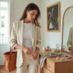 Femme élégante arrangeant des accessoires de mode essentiels — sac en cuir, montre dorée, foulard en soie — dans un appartement parisien au style minimaliste
