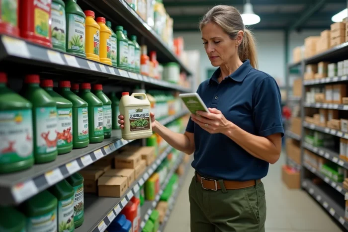 Agricultrice lisant l'étiquette d'un herbicide glyphosate 360 dans une coopérative agricole portugaise
