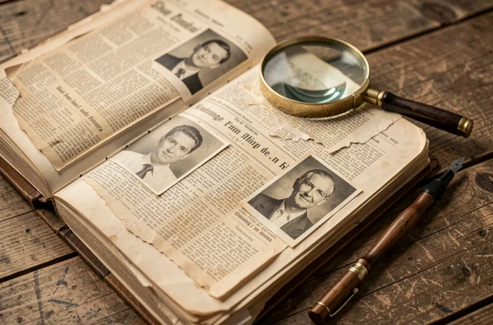 Album de coupures de presse vintage avec portraits flous et loupe sur une table en bois ancienne