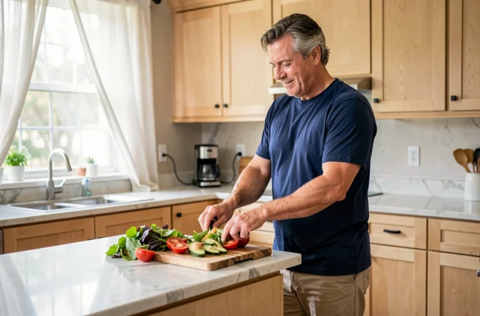 Homme adulte préparant une salade fraîche et équilibrée dans une cuisine moderne comme habitude alimentaire saine pour la santé au quotidien