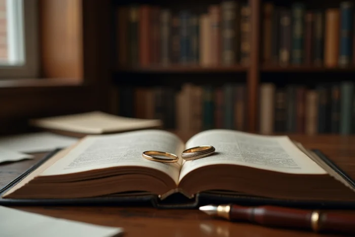 Alliances posées sur un livre dans un bureau illustrant l'union et la vie conjugale