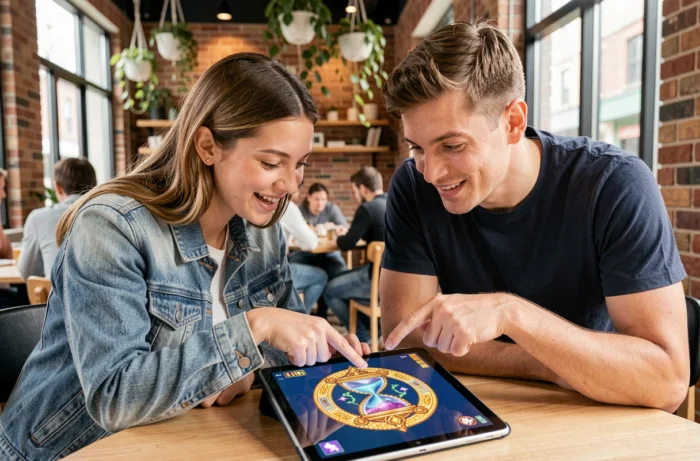 Deux amis adultes partageant une tablette dans un café moderne pour jouer à un jeu Pokémon navigateur et découvrir un Pokémon légendaire