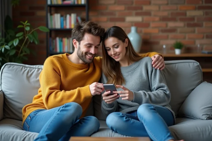 Deux amis sur un canapé regardant ensemble comment souligner un mot dans un SMS sur un smartphone Android