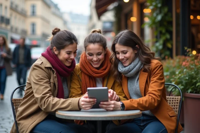 Groupe d'amis sur une terrasse de café découvrant ensemble les célébrations et fêtes locales sur une tablette