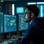 Analyste en cybersécurité travaillant sur plusieurs écrans dans un centre opérationnel de sécurité informatique