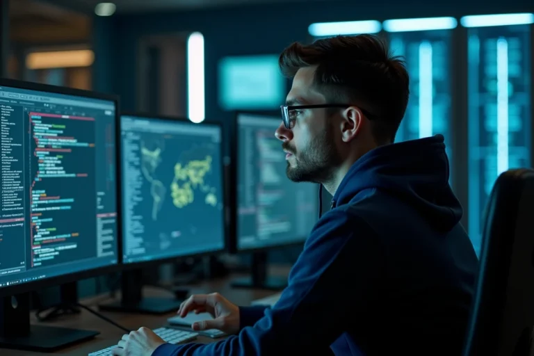 Analyste en cybersécurité travaillant sur plusieurs écrans dans un centre opérationnel de sécurité informatique