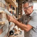 Homme appliquant de la colle Pattex Montage Classic sur une console en bois dans un atelier de bricolage