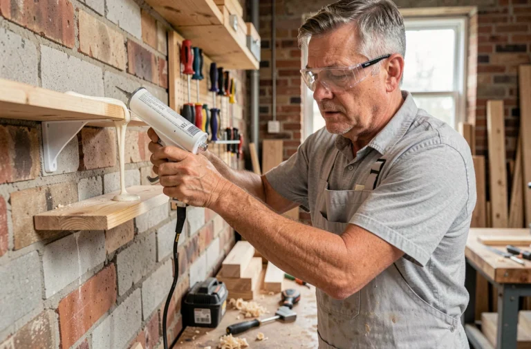 Homme appliquant de la colle Pattex Montage Classic sur une console en bois dans un atelier de bricolage