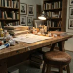 Atelier d'artiste mystérieux avec des esquisses et des portraits anonymes sur une table en bois encombrée