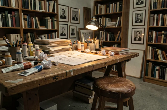 Atelier d'artiste mystérieux avec des esquisses et des portraits anonymes sur une table en bois encombrée