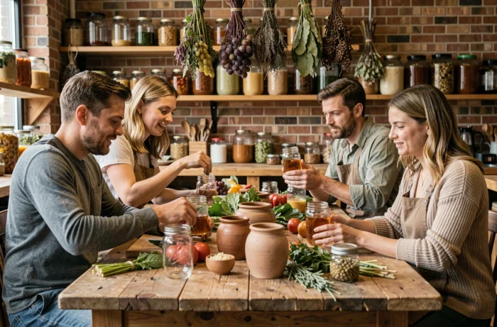 Groupe de personnes participant à un atelier de fermentation artisanale autour d'une table en bois avec bocaux et légumes frais