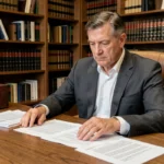 Avocat en costume gris consultant des documents juridiques sur un bureau en chêne dans un cabinet d'avocats, illustrant la responsabilité civile et l'article 1382 du Code civil