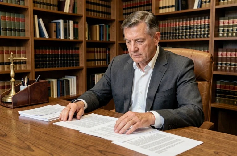 Avocat en costume gris consultant des documents juridiques sur un bureau en chêne dans un cabinet d'avocats, illustrant la responsabilité civile et l'article 1382 du Code civil