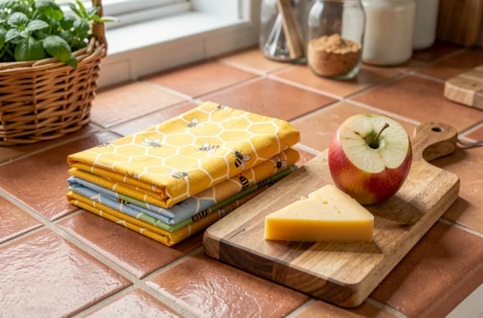 Feuilles de bee wrap en coton bio ciré avec motif abeilles empilées sur une planche en bois à côté d'une pomme et de fromage