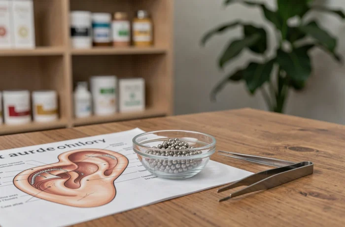 Billes d'auriculothérapie et graines auriculaires disposées sur une table en bois avec un schéma anatomique de l'oreille