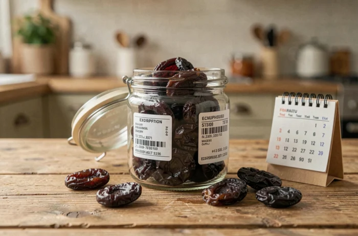 Bocal de pruneaux séchés avec date de péremption visible sur une table en bois rustique