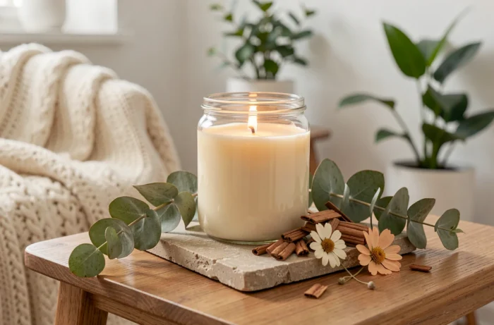 Bougie parfumée en cire végétale dans un pot en verre réutilisable posée sur un plateau en pierre avec plantes séchées