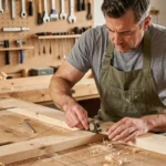Homme bricoleur mesurant une planche en bois dans un atelier bien équipé avec des outils manuels organisés