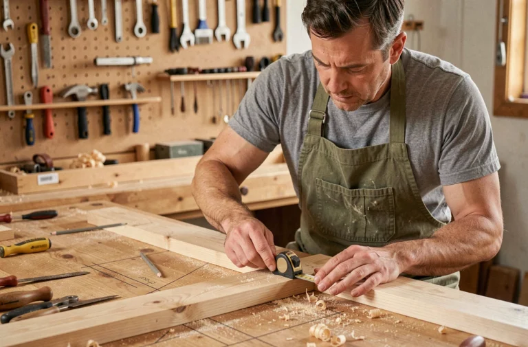 Homme bricoleur mesurant une planche en bois dans un atelier bien équipé avec des outils manuels organisés