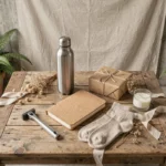 Sélection de cadeaux éco responsables pour homme disposés en flat lay sur une table en bois brut