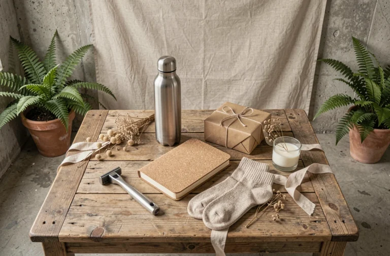 Sélection de cadeaux éco responsables pour homme disposés en flat lay sur une table en bois brut