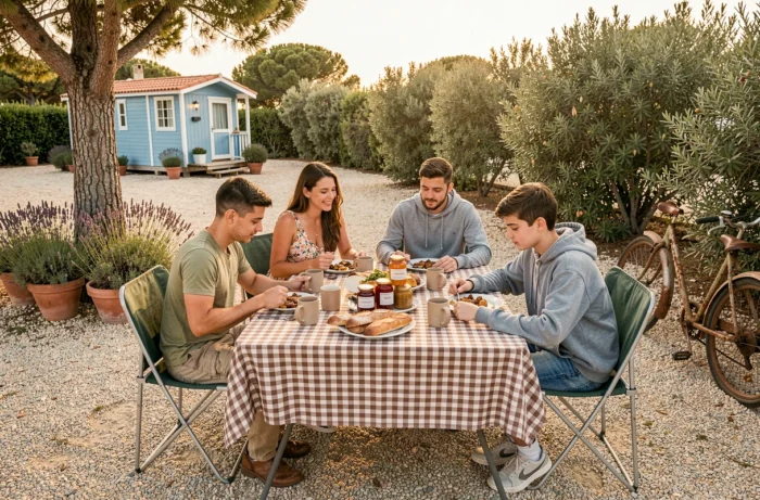 Famille prenant un petit-déjeuner ensemble dans un camping de l'île de Porquerolles au milieu des pins et de la lavande