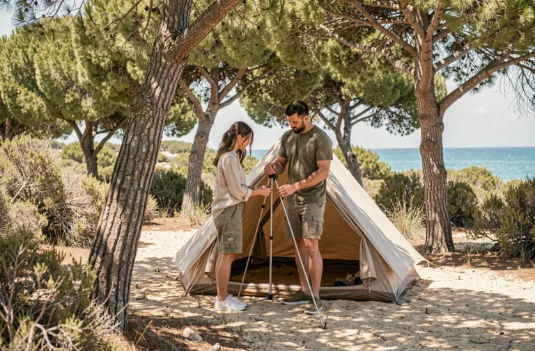 Couple installant une tente dans un camping ombragé sous les pins de l'île de Porquerolles avec vue sur la mer turquoise