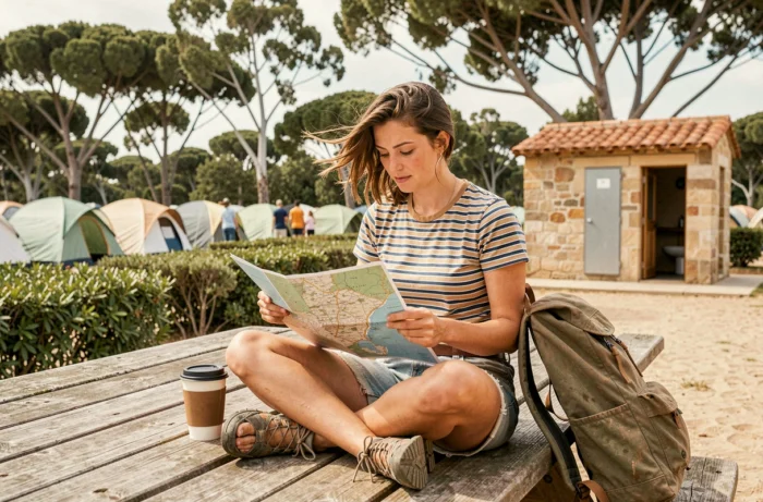 Randonneuse solo consultant une carte de l'île de Porquerolles sur une table de pique-nique dans un camping provençal
