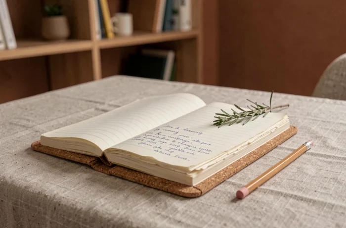 Carnet en papier recyclé avec couverture en liège ouvert sur un bureau en lin avec crayon et romarin séché