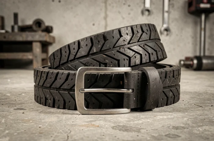 Ceinture en pneu recyclé avec boucle en inox enroulée sur une surface en béton montrant la texture de la bande de roulement