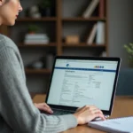 Femme effectuant un changement d'adresse de carte grise en ligne depuis un bureau à domicile