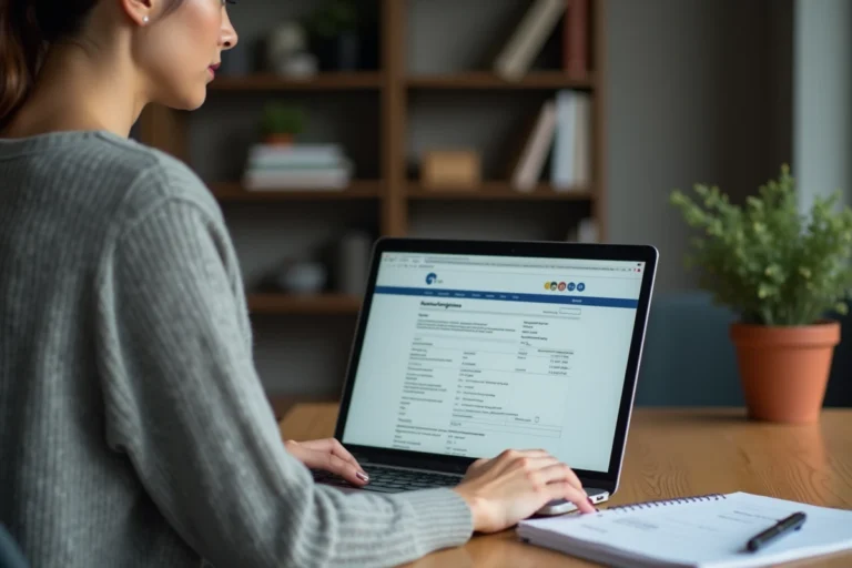 Femme effectuant un changement d'adresse de carte grise en ligne depuis un bureau à domicile