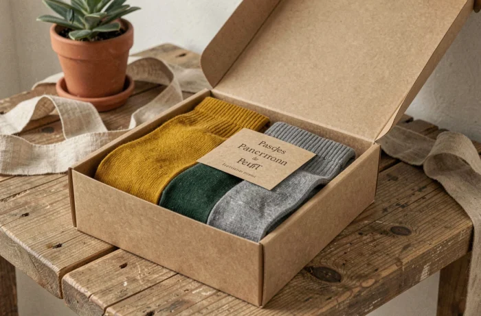 Chaussettes en coton bio made in France pliées en boîte kraft sur une surface en bois avec étiquette artisanale