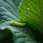 Petite chenille verte sur une feuille de chou au potager avec des traces de morsures visibles