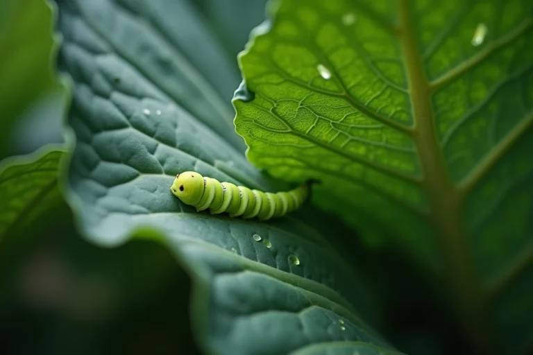 Petite chenille verte sur une feuille de chou au potager avec des traces de morsures visibles