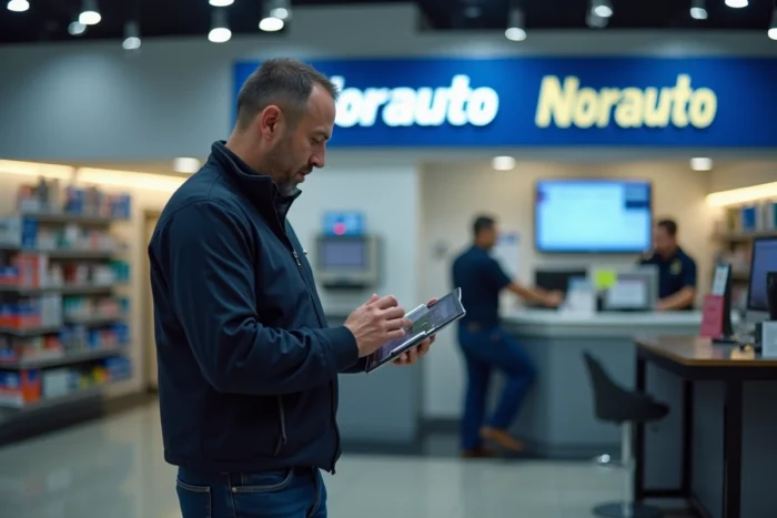 Client utilisant une tablette dans un centre Norauto pour changer l'adresse de sa carte grise