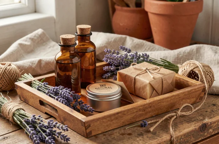 Coffret de soins naturels bio pour homme présenté sur un plateau en bois avec savon, flacons en verre ambré et lavande séchée