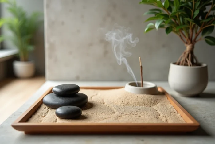 Coin zen intérieur minimaliste avec plateau de sable ratissé, pierres noires et bonsaï Ficus sur étagère en béton