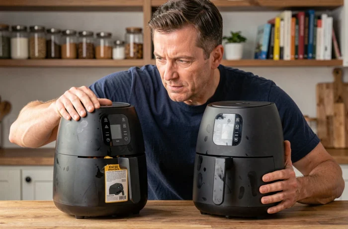 Homme comparant deux modèles de friteuses à air chaud sur un îlot de cuisine en bois, évaluant leur facilité d'entretien