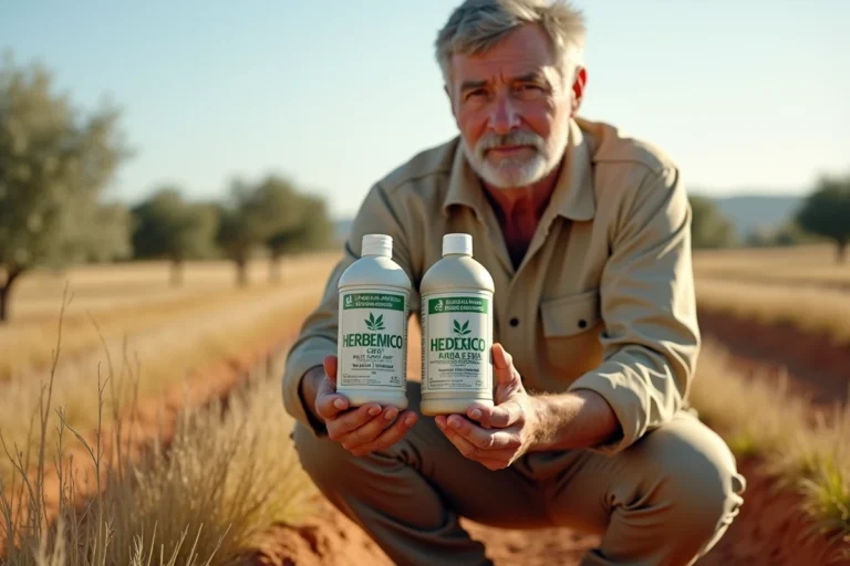 Agronome portugais comparant deux bouteilles de glyphosate 360 dans un champ agricole de l'Alentejo