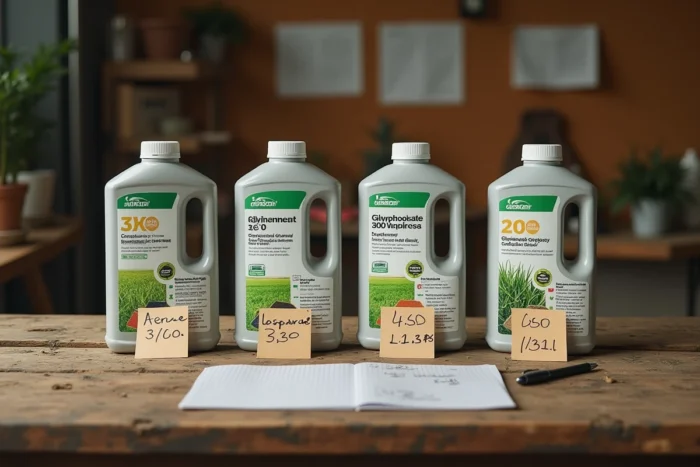 Comparaison de quatre marques de glyphosate 360 avec étiquettes portugaises et fiches de prix sur une table de ferme