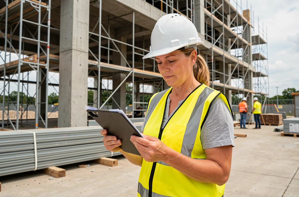 Conductrice de travaux en gilet de sécurité consultant des documents numériques sur un chantier de construction actif